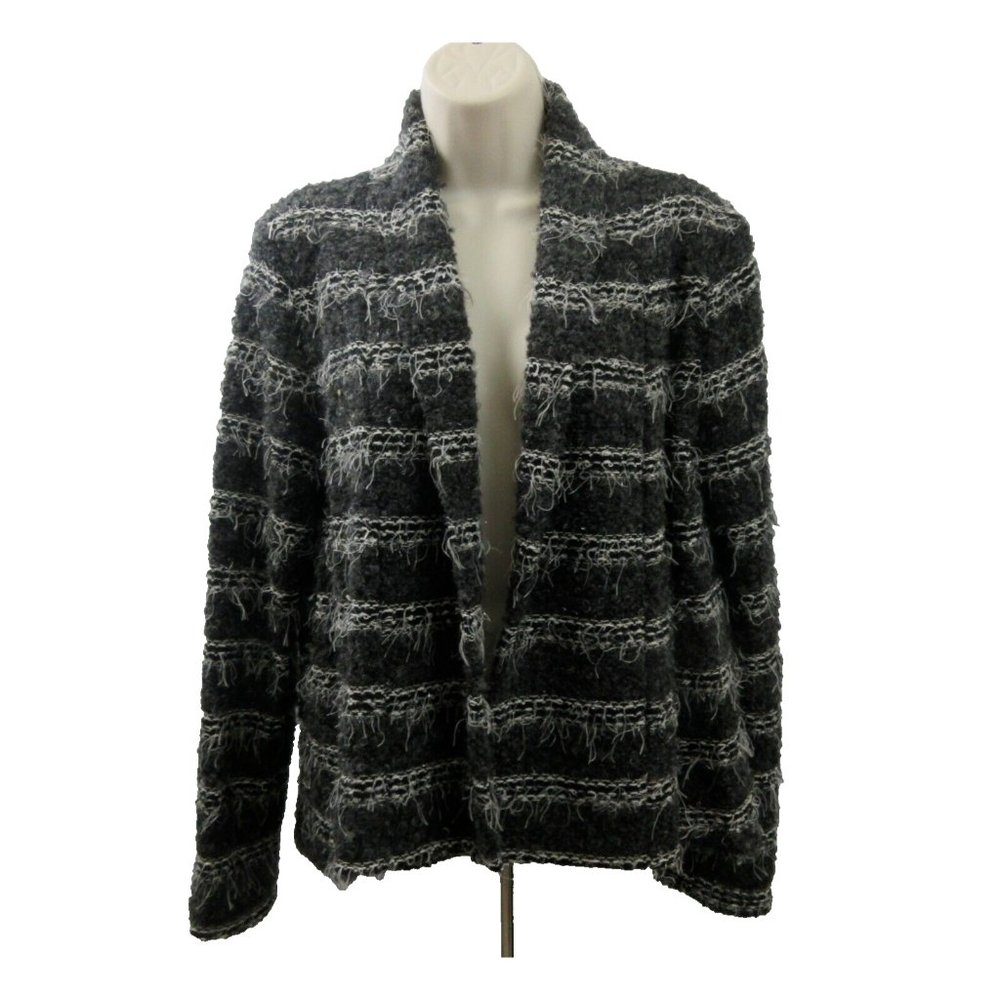 Outlander Cardigan Sweater Medium Open Front Gray Black Striped Metallic Fuzzy